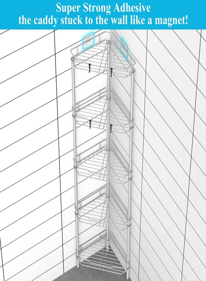HuggieGems 5 Tier Floor Standing Corner Shower Caddy Organizer Shelf with Hooks, Bathroom Shelves Stand Rack, Silver - Image 2